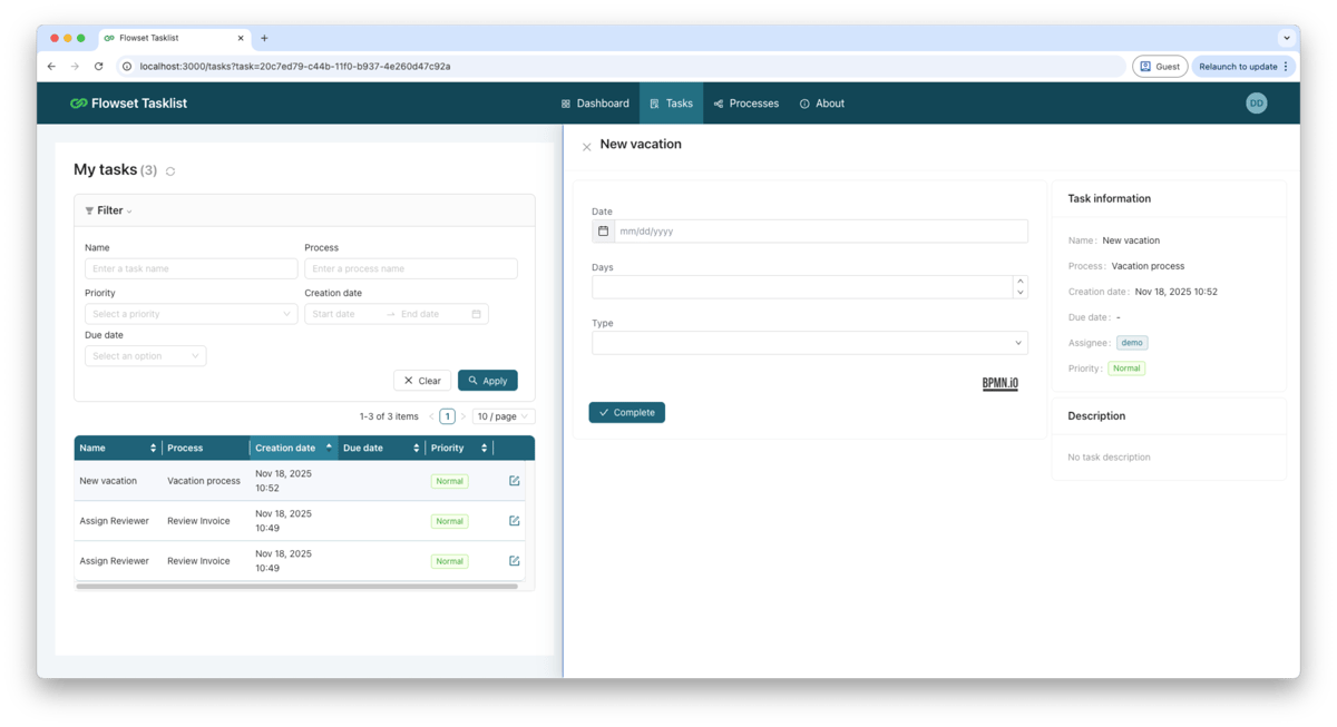Flowset Tasklist - Open source application for managing user tasks